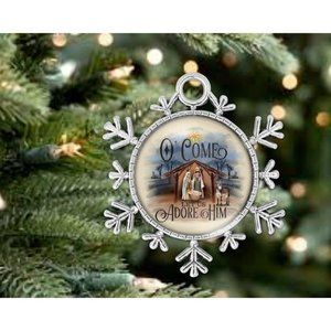 Christmas Manger Adore Him Bethlehem Faith Silver Snowflake Christmas Ornament